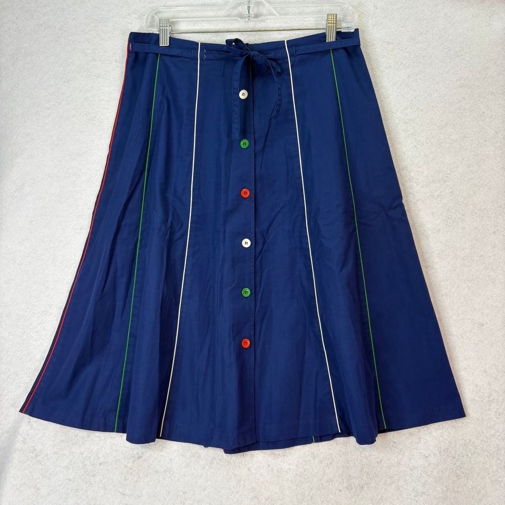 Vtg Blue Multi Color Piping Button Front A-Line Midi Flare Skirt Womens M 70s